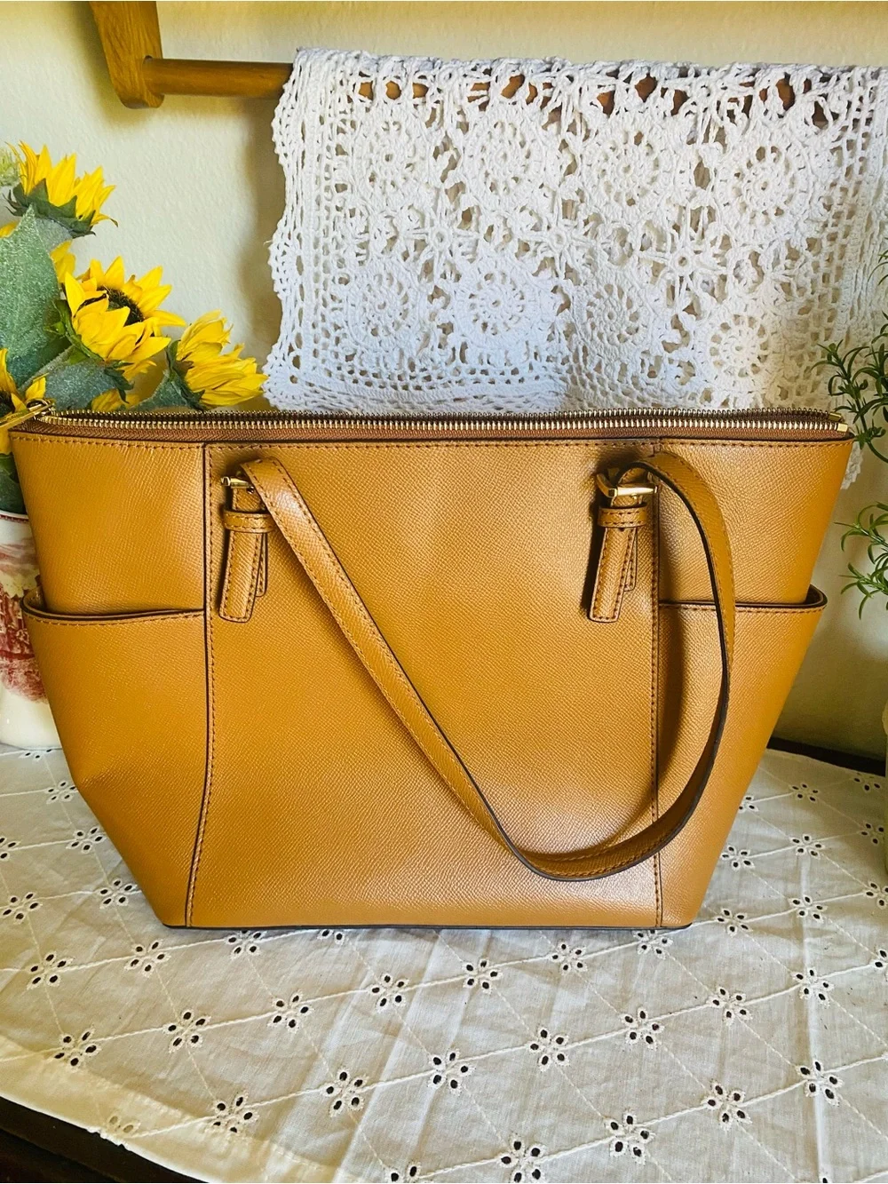 Michael Kors Caramel Leather Tote with MK Charm - Picture 2 of 10